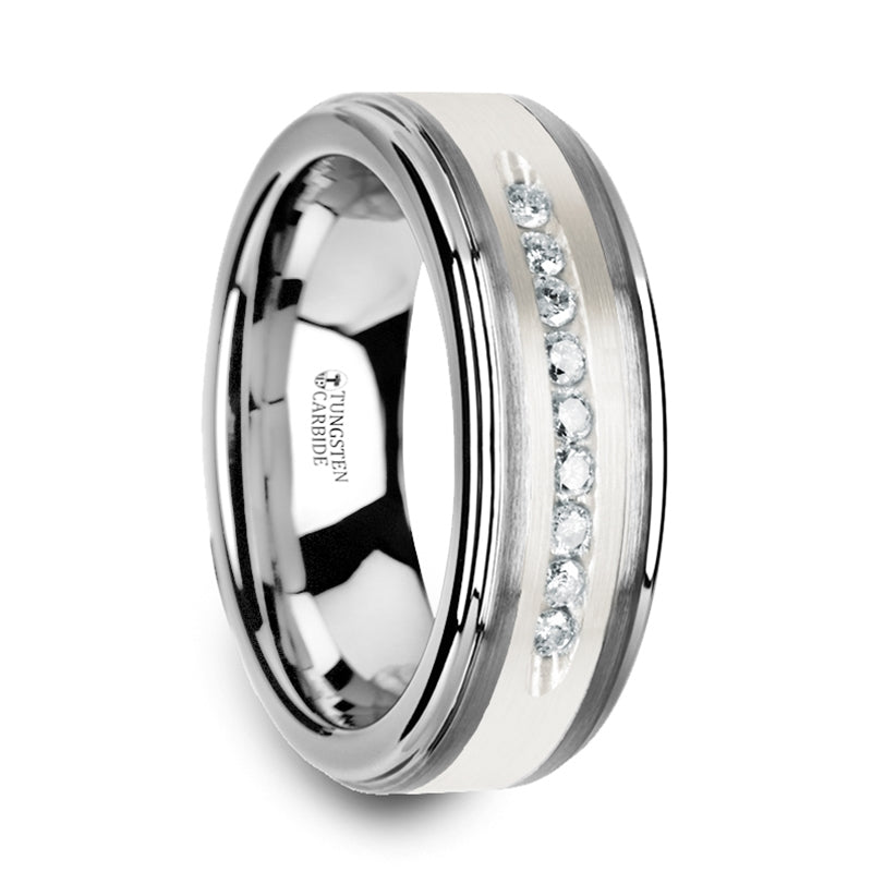 Tungsten Men's Wedding Band with Silver Inlay and 9 Diamonds