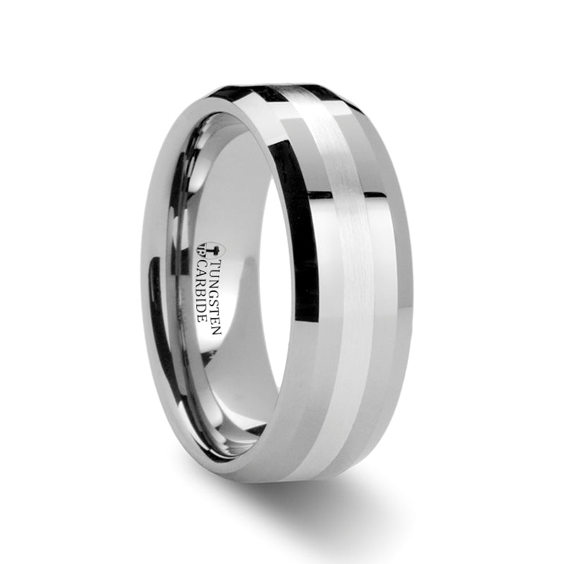 Tungsten Men's Wedding Band with Silver Inlay