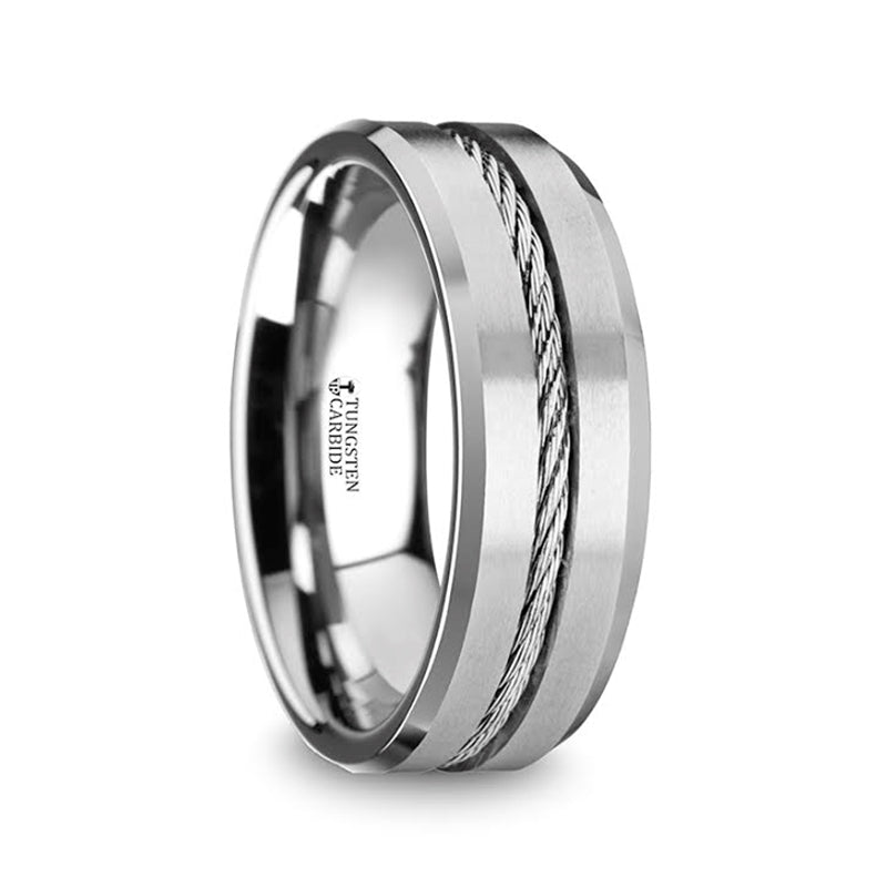 Tungsten Men's Wedding Band with Steel Wire Cable Inlay