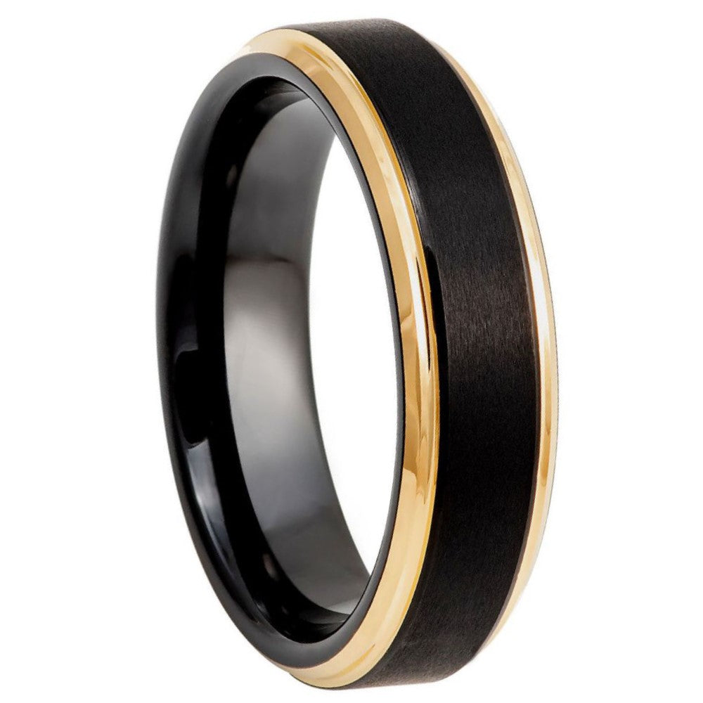 Tungsten Men's Wedding Band with Stepped Gold Edges