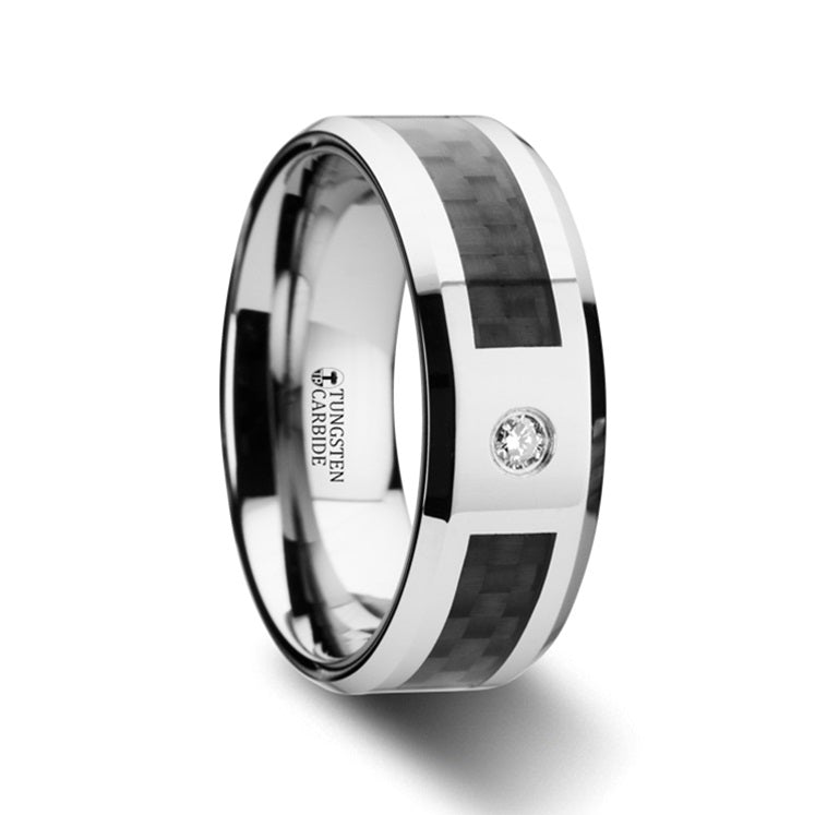 Tungsten Wedding Band with Black Carbon Fiber Inlay & Diamond