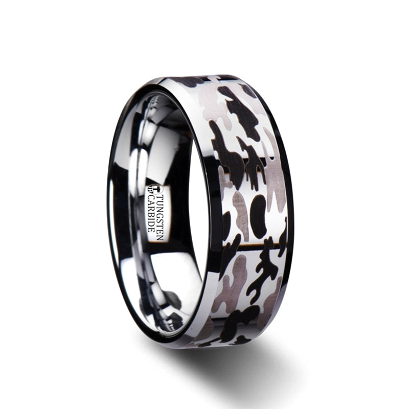 Tungsten Wedding Band with Black & Gray Camoflauge Pattern