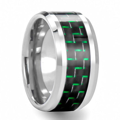 Alianza de boda de tungsteno para hombre con incrustaciones de fibra de carbono negra y verde