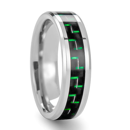 Alianza de boda de tungsteno para hombre con incrustaciones de fibra de carbono negra y verde