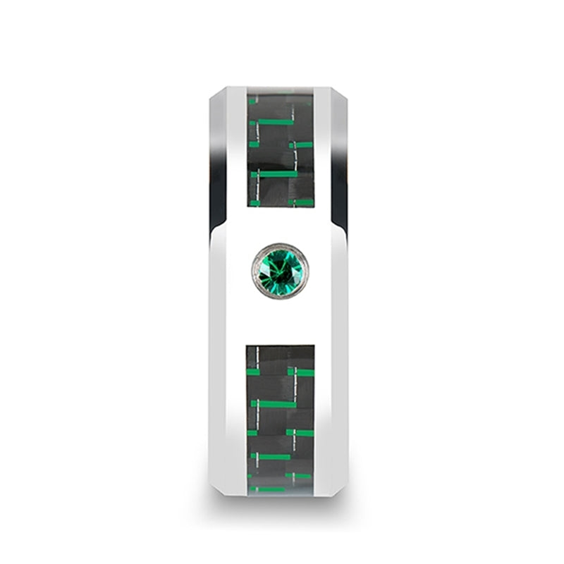 Tungsten Wedding Band with Black & Green Carbon Fiber Inlay and Emerald