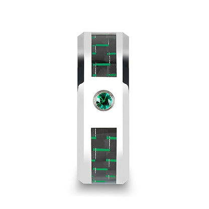 Tungsten Wedding Band with Black & Green Carbon Fiber Inlay and Emerald