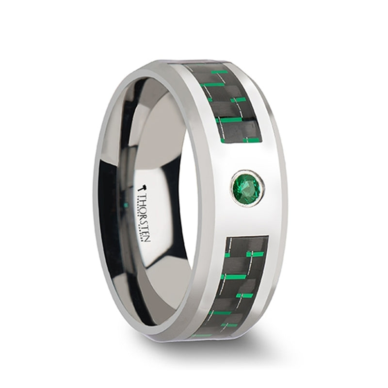 Tungsten Wedding Band with Black & Green Carbon Fiber Inlay and Emerald