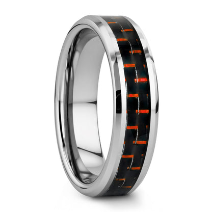 Tungsten Men's Wedding Band with Black & Red Carbon Fiber Inlay