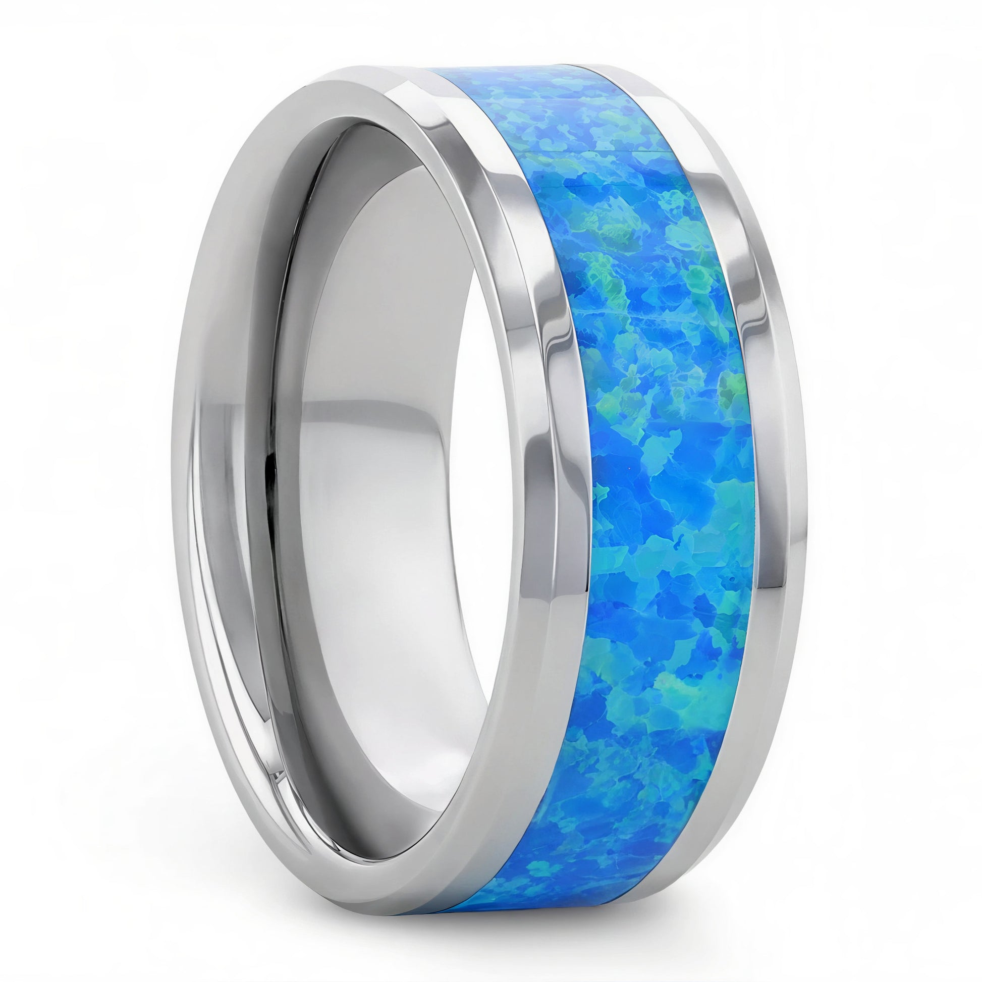 Tungsten Men's Wedding Band with Blue & Green Opal Inlay