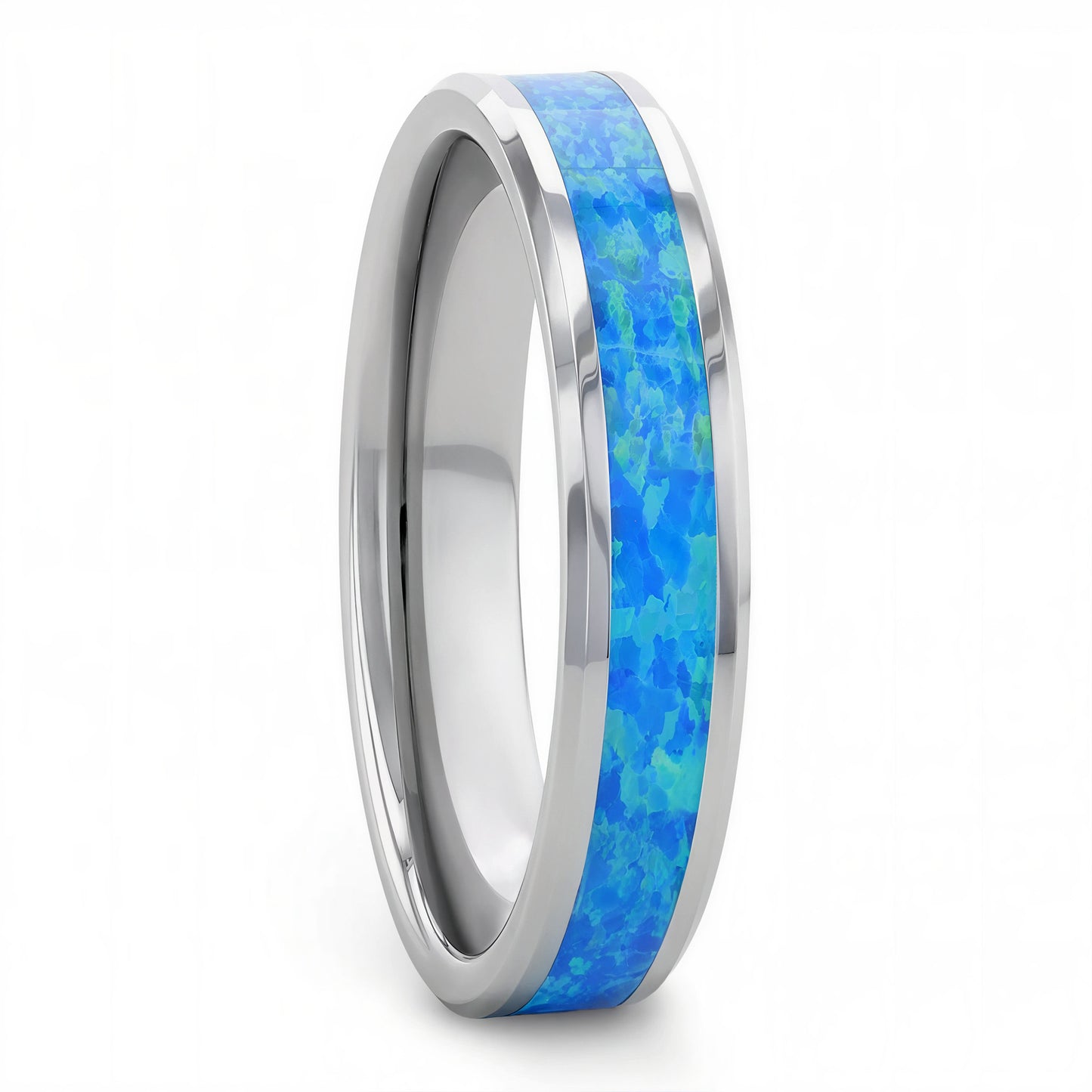 Tungsten Men's Wedding Band with Blue & Green Opal Inlay