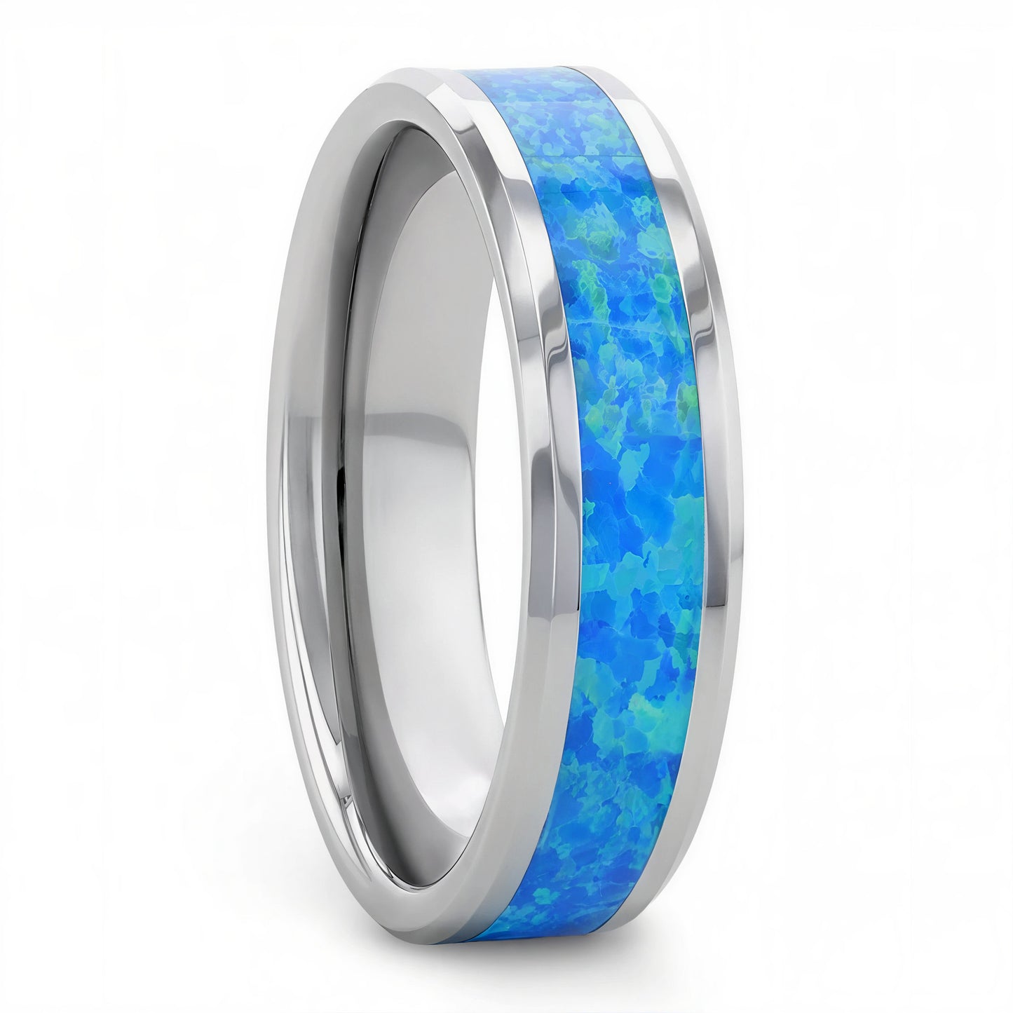 Tungsten Men's Wedding Band with Blue & Green Opal Inlay