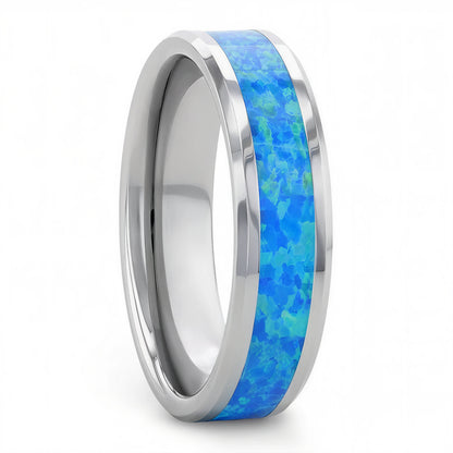 Tungsten Men's Wedding Band with Blue & Green Opal Inlay