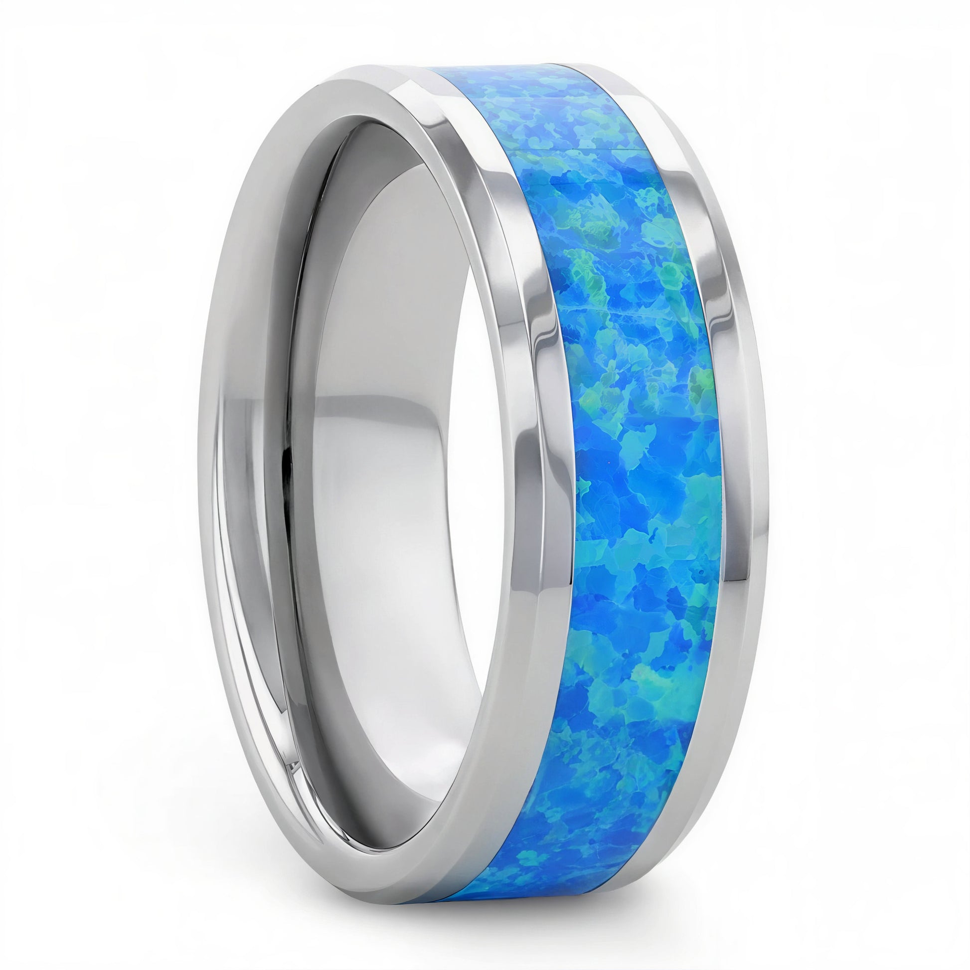 Tungsten Men's Wedding Band with Blue & Green Opal Inlay