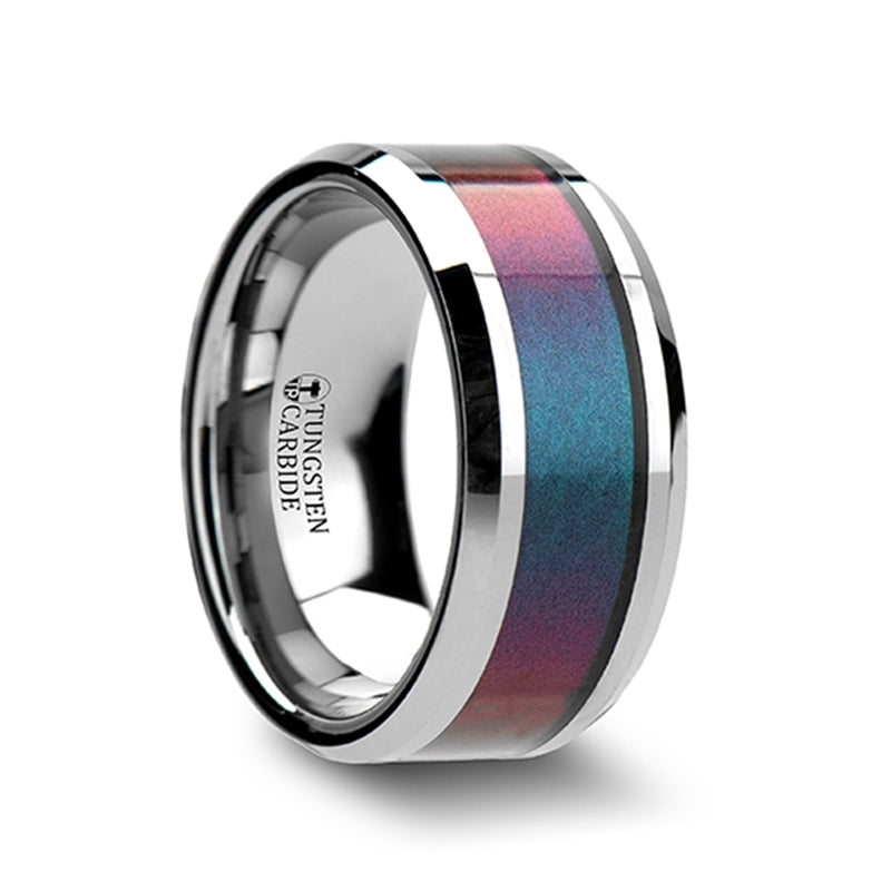 Tungsten Wedding Band with Blue & Purple Color Changing Inlay