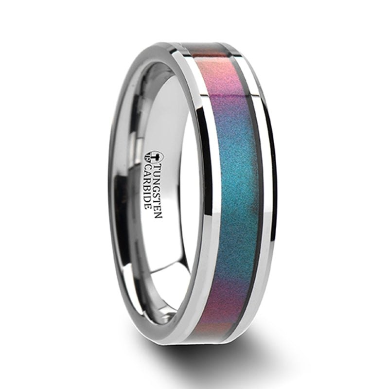 Tungsten Wedding Band with Blue & Purple Color Changing Inlay