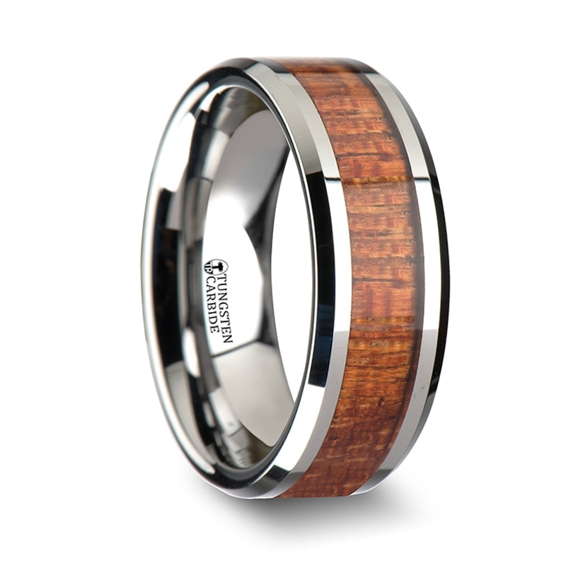 Tungsten Wedding Band with Mahogany Wood Inlay