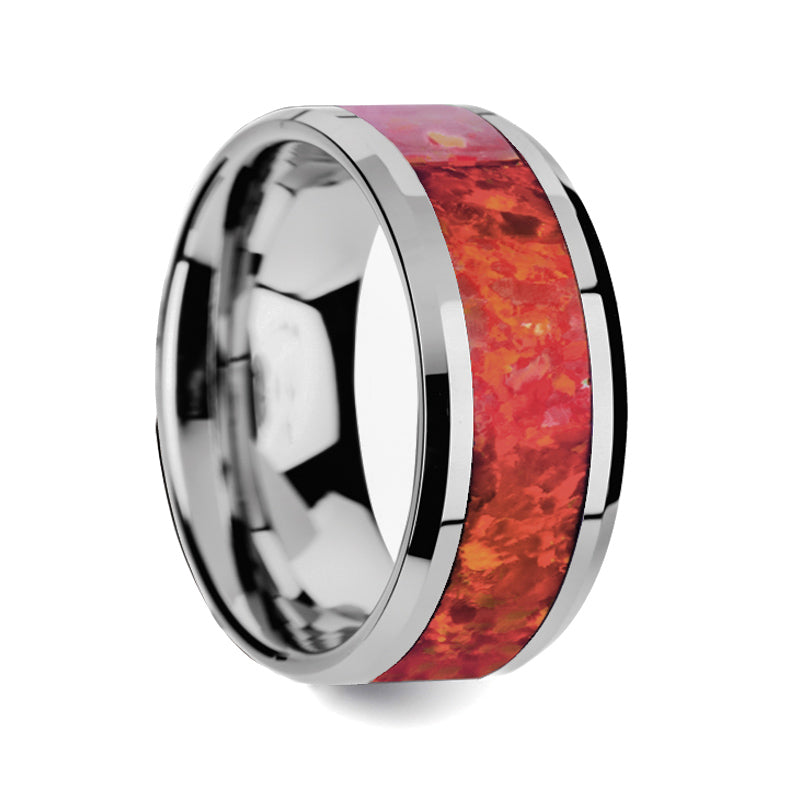 Tungsten Wedding Band with Red Opal Inlay