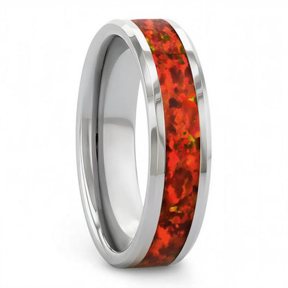 Tungsten Wedding Band with Red Opal Inlay