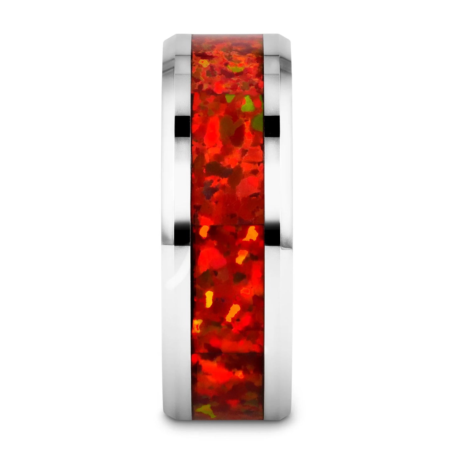 Tungsten Wedding Band with Red Opal Inlay