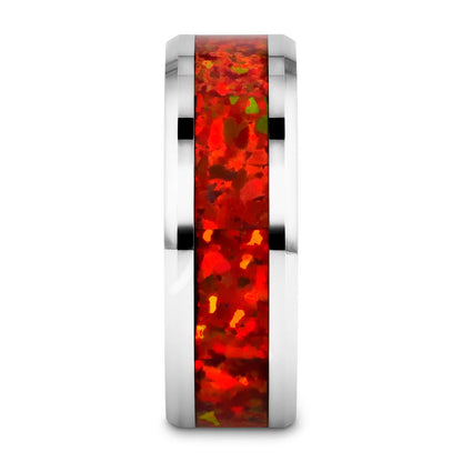 Tungsten Wedding Band with Red Opal Inlay