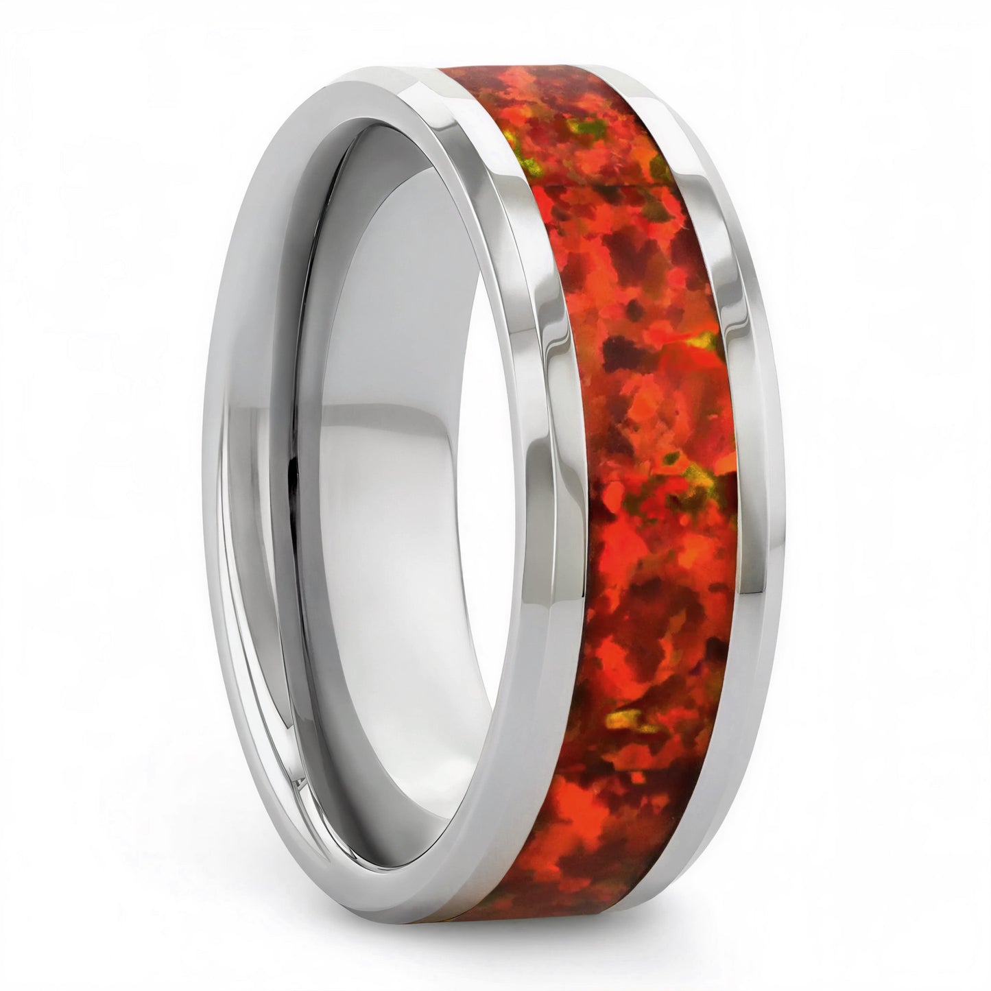 Tungsten Wedding Band with Red Opal Inlay