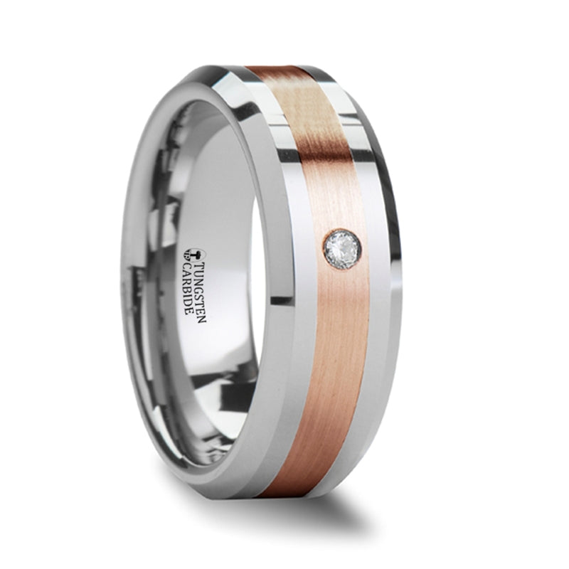 Tungsten Wedding Band with Rose Gold Inlay & Diamond