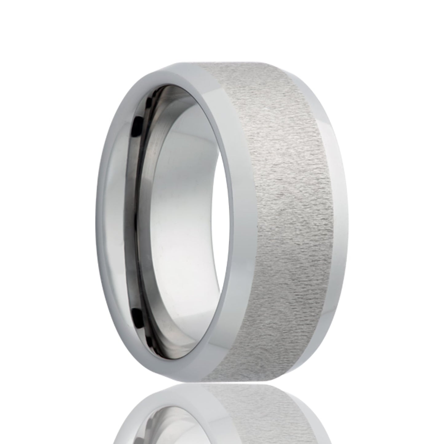 A textured finish tungsten wedding band with beveled edges displayed on a neutral white background.