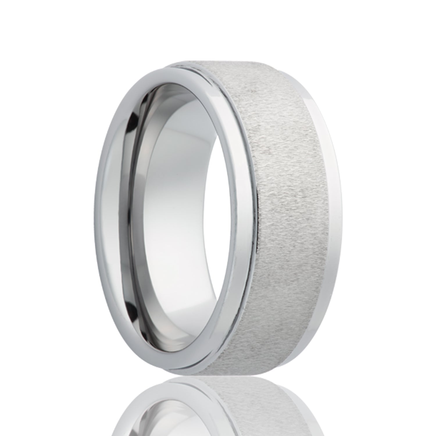 A textured finish tungsten wedding band with stepped edges displayed on a neutral white background.