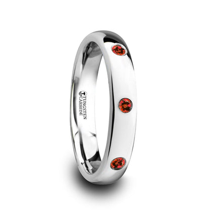 Tungsten Women's Wedding Band with 3 Red Rubies