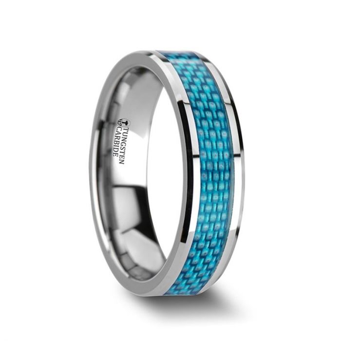 Tungsten Women's Wedding Band with Blue Carbon Fiber Inlay