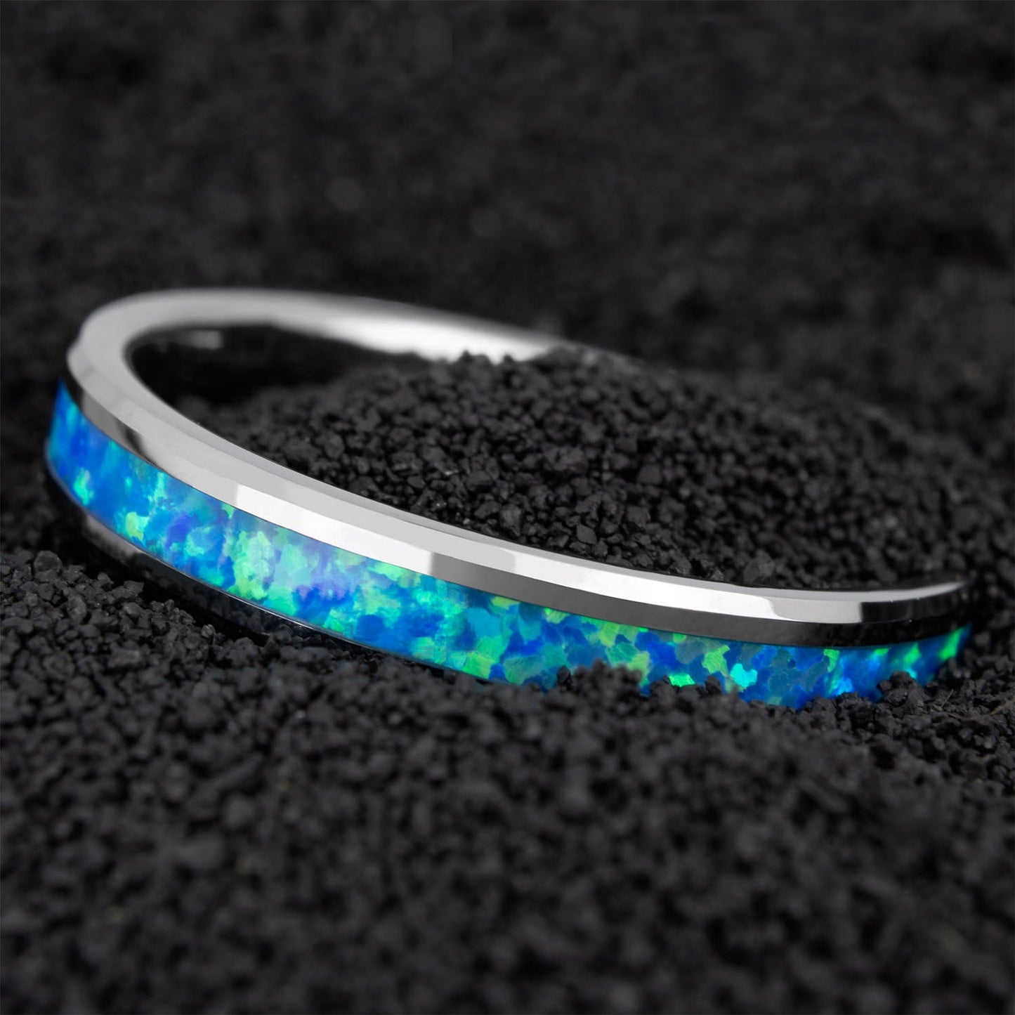 Tungsten Women's Wedding Band with Blue & Green Opal Inlay