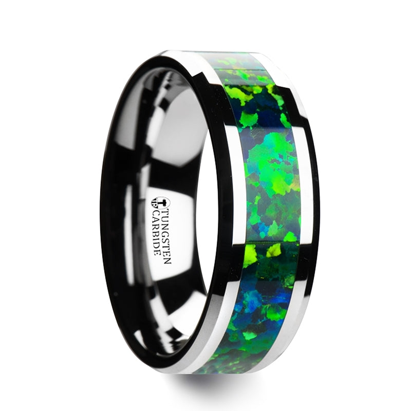 Tungsten Women's Wedding Band with Green & Blue Opal Inlay