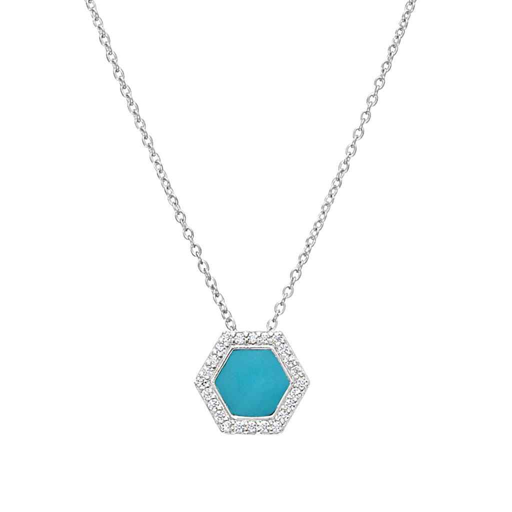 A turquoise enamel hexagon necklace with simulated diamonds displayed on a neutral white background.