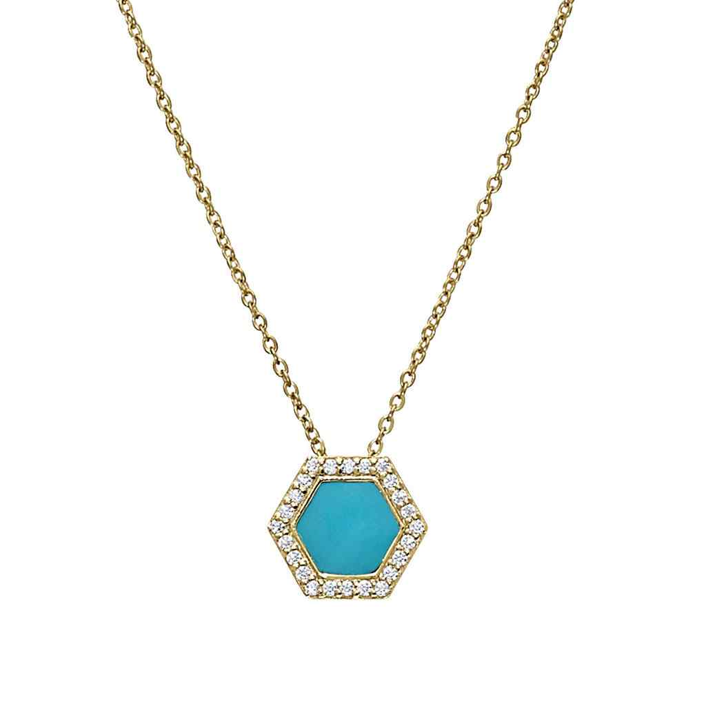 A turquoise enamel hexagon necklace with simulated diamonds displayed on a neutral white background.