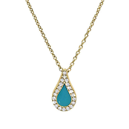A turquoise enamel teardrop necklace with simulated diamonds displayed on a neutral white background.