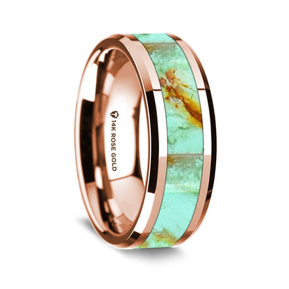 Turquoise Inlay 14k Rose Gold Men's Wedding Band