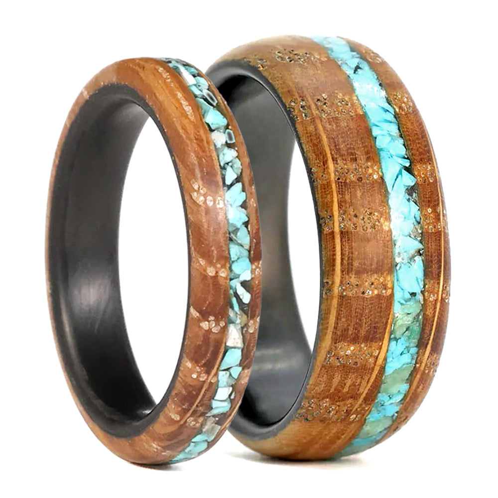Turquoise Stone Inlaid Couple's Matching Wood Wedding Band Set with Carbon Fiber Interior