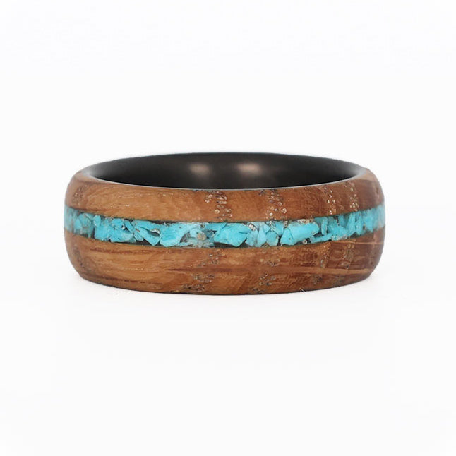 Turquoise Stone Inlaid Men's Wood Wedding Band with Carbon Fiber Interior