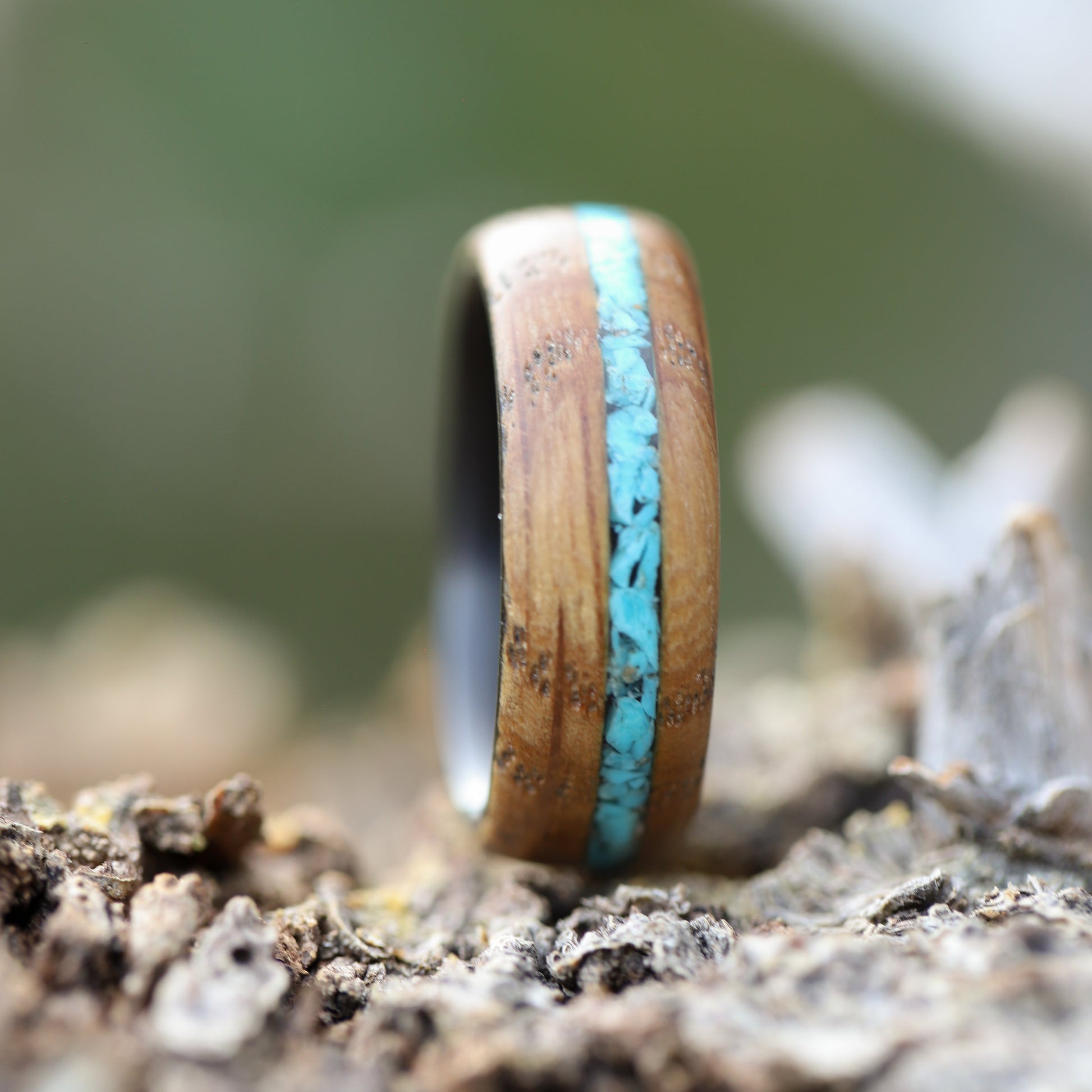 Turquoise Stone Inlaid Men's Wood Wedding Band with Carbon Fiber Interior