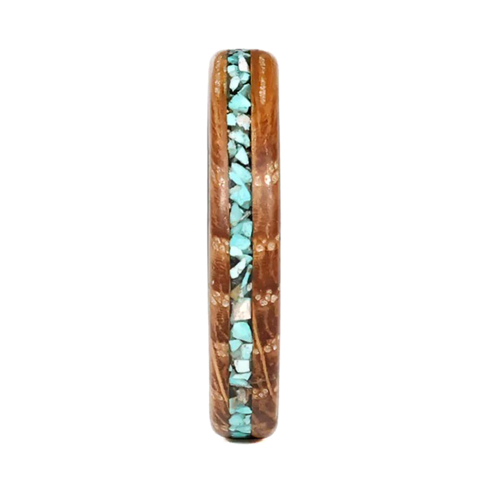 Turquoise Stone Inlaid Women's Wood Wedding Band with Carbon Fiber Interior