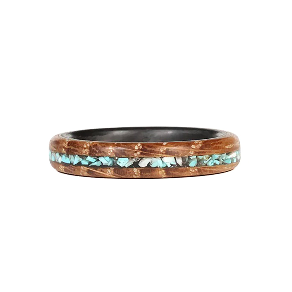 Turquoise Stone Inlaid Women's Wood Wedding Band with Carbon Fiber Interior