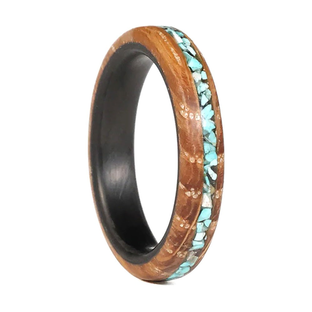 Turquoise Stone Inlaid Women's Wood Wedding Band with Carbon Fiber Interior