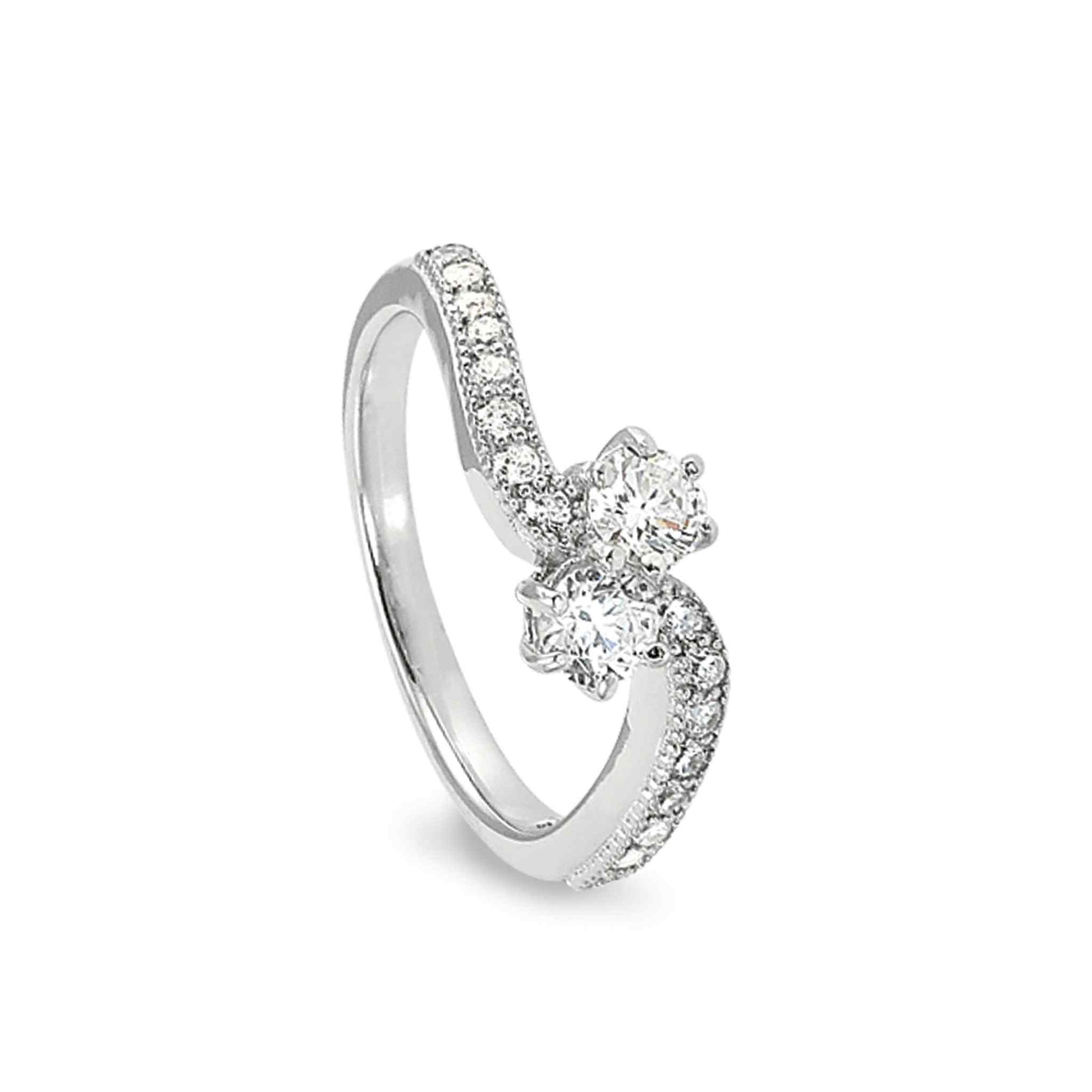 A twist band two stone ring with two 120 facet simulated diamonds displayed on a neutral white background.