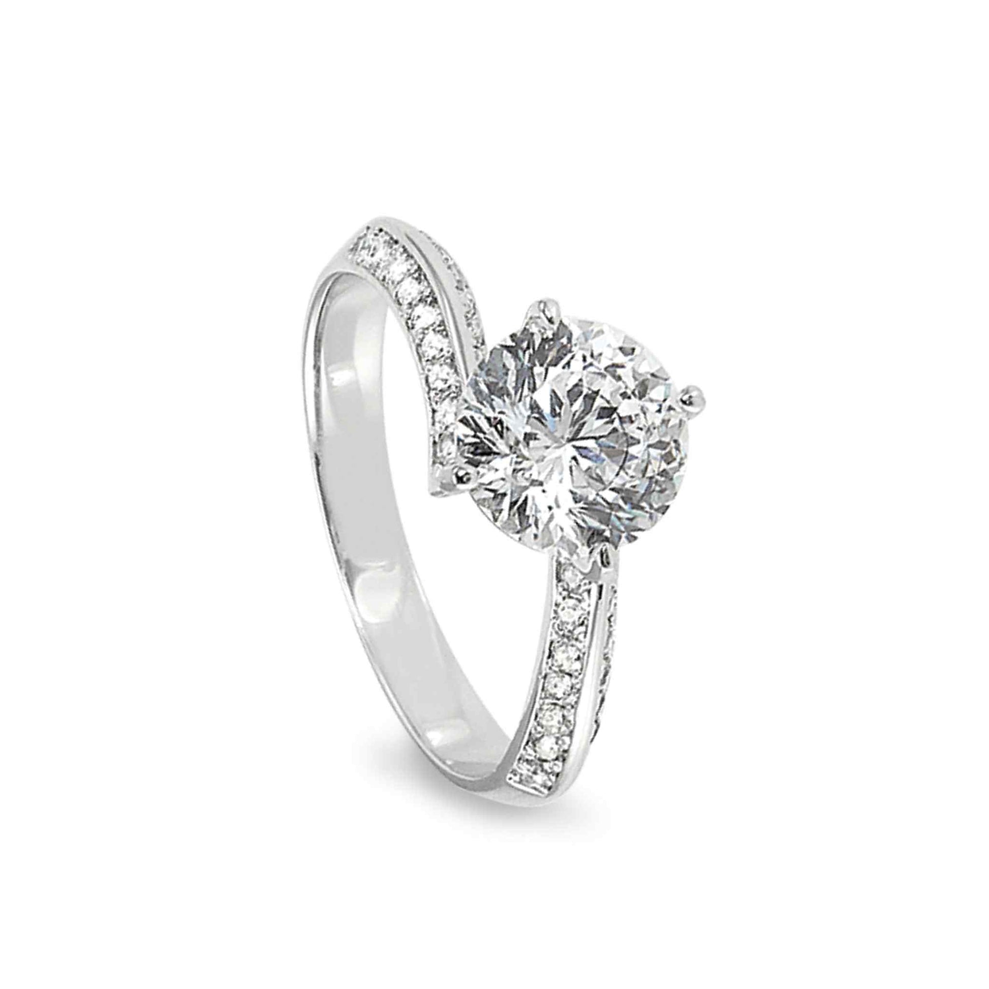 A twisted band engagement ring with 100 facet simulated diamond displayed on a neutral white background.