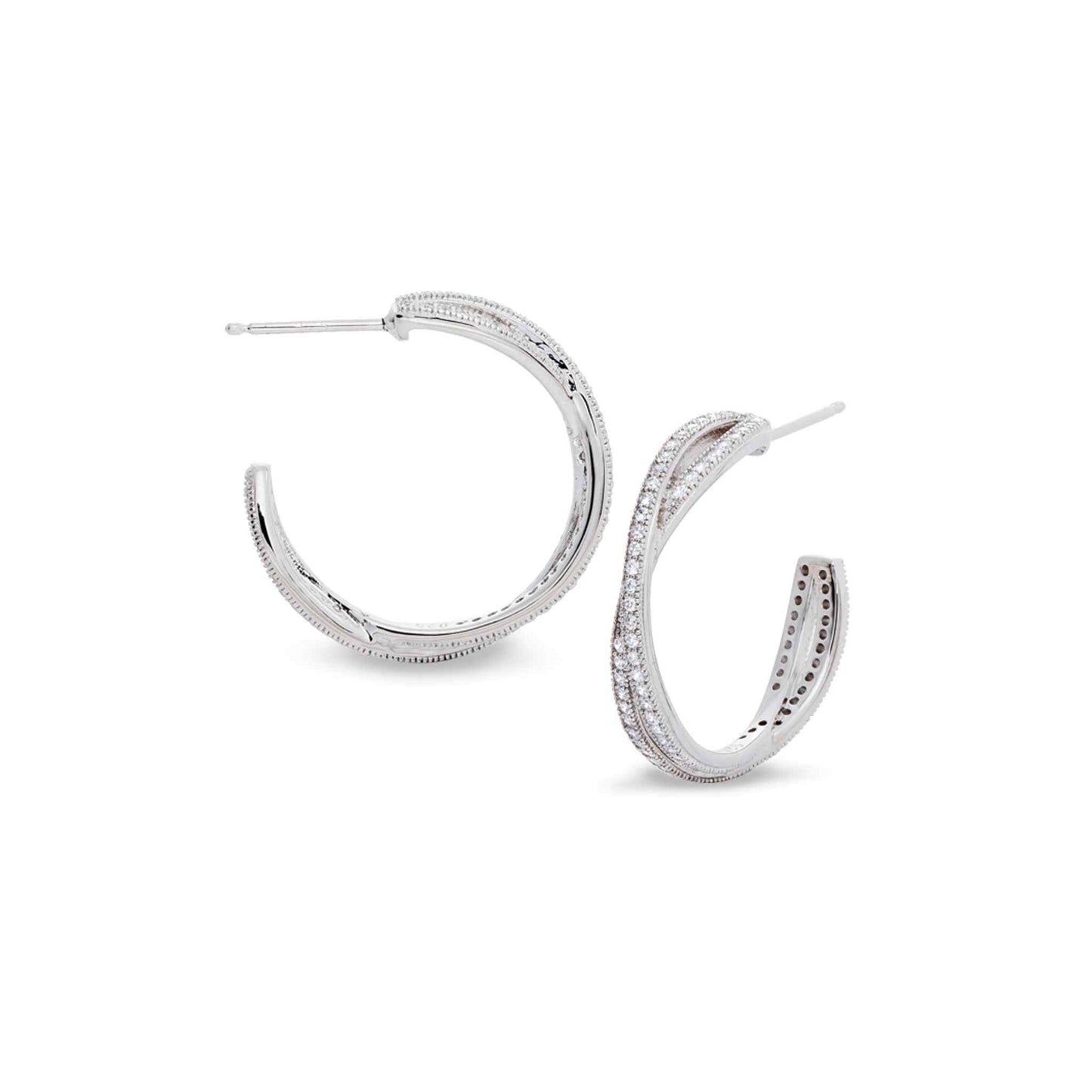 A twisted hoop earrings with simulated diamonds displayed on a neutral white background.