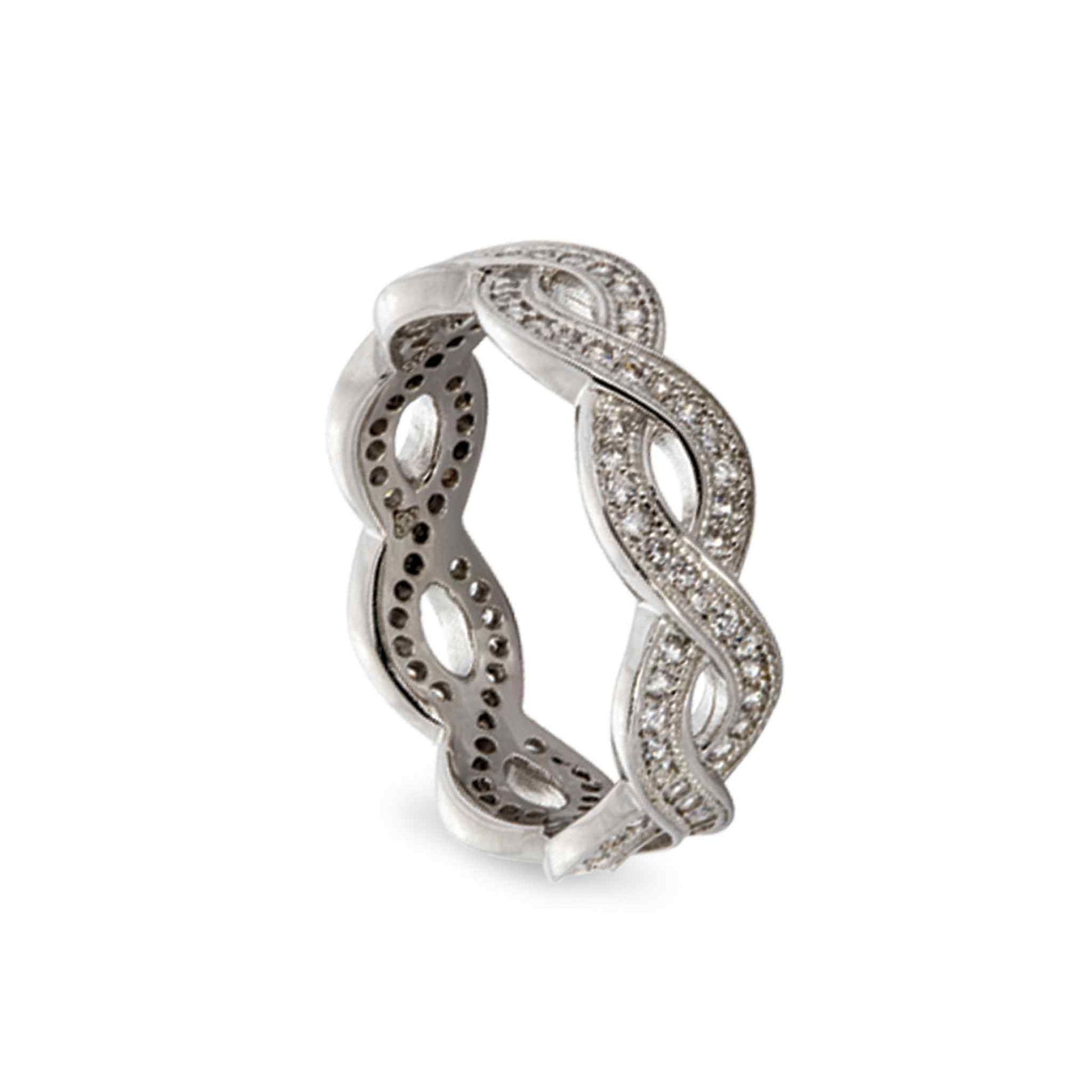 A twisted infinity sign women's ring with simulated diamonds displayed on a neutral white background.
