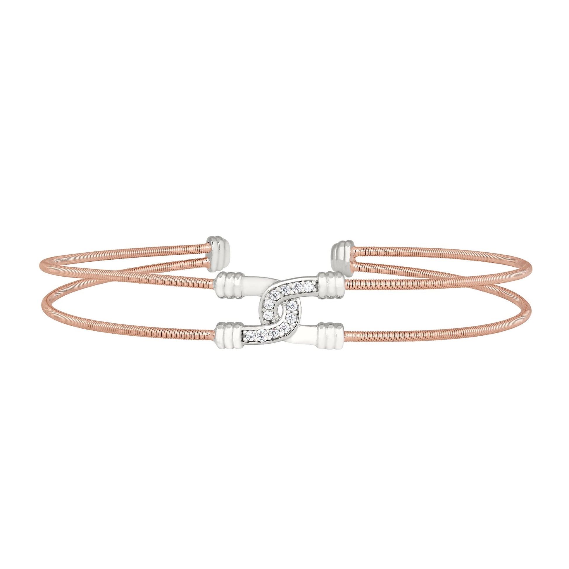 A two cable bracelet with intertwined simulated diamond double arcs displayed on a neutral white background.