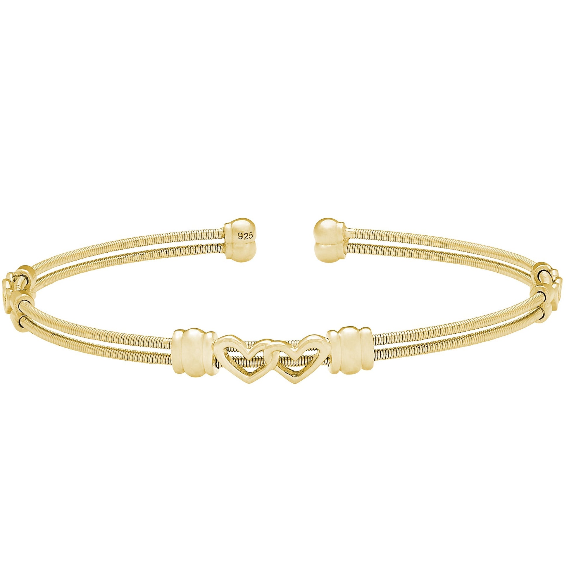 A two cable bracelet with two linked hearts displayed on a neutral white background.