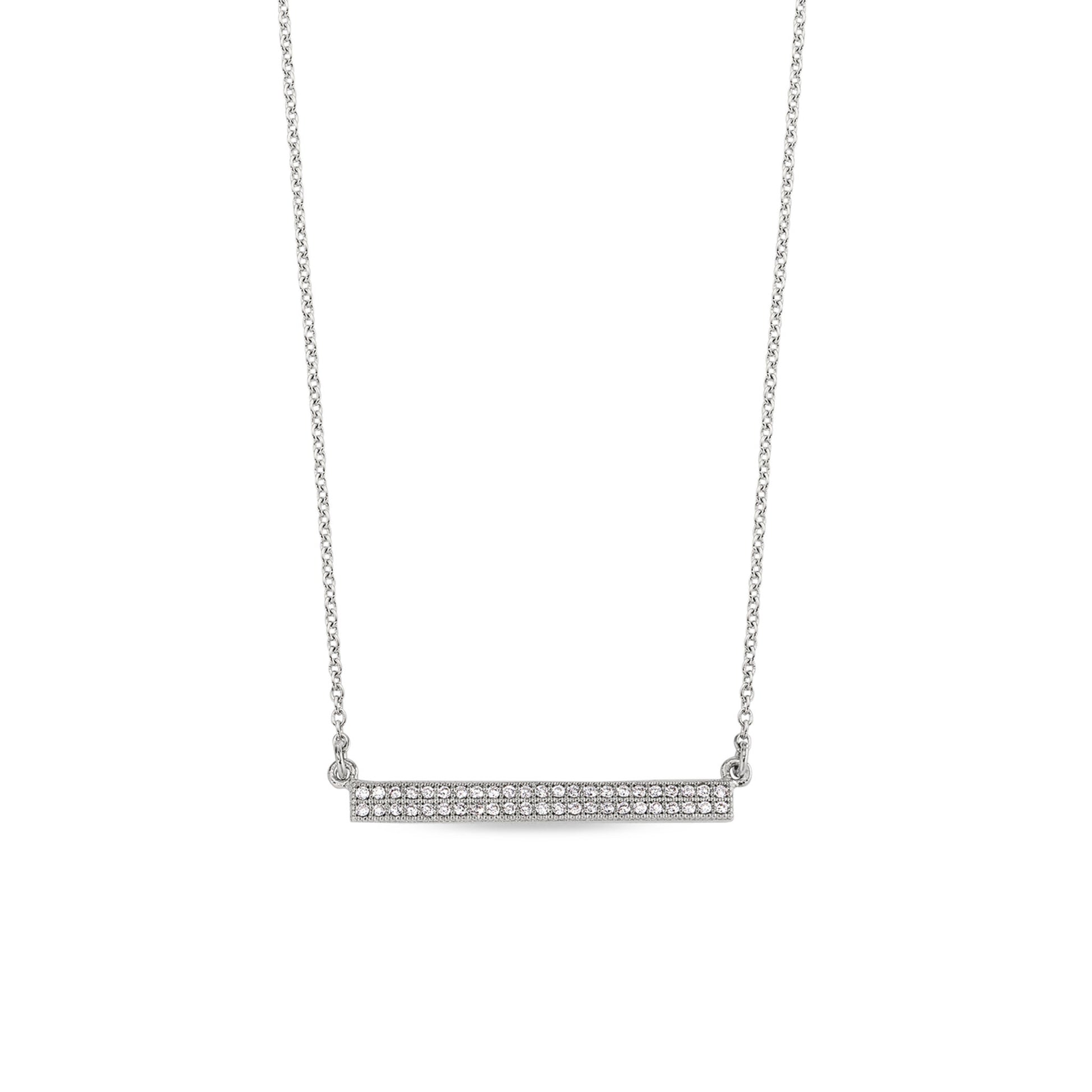 A two row bar necklace with 46 simulated diamonds displayed on a neutral white background.