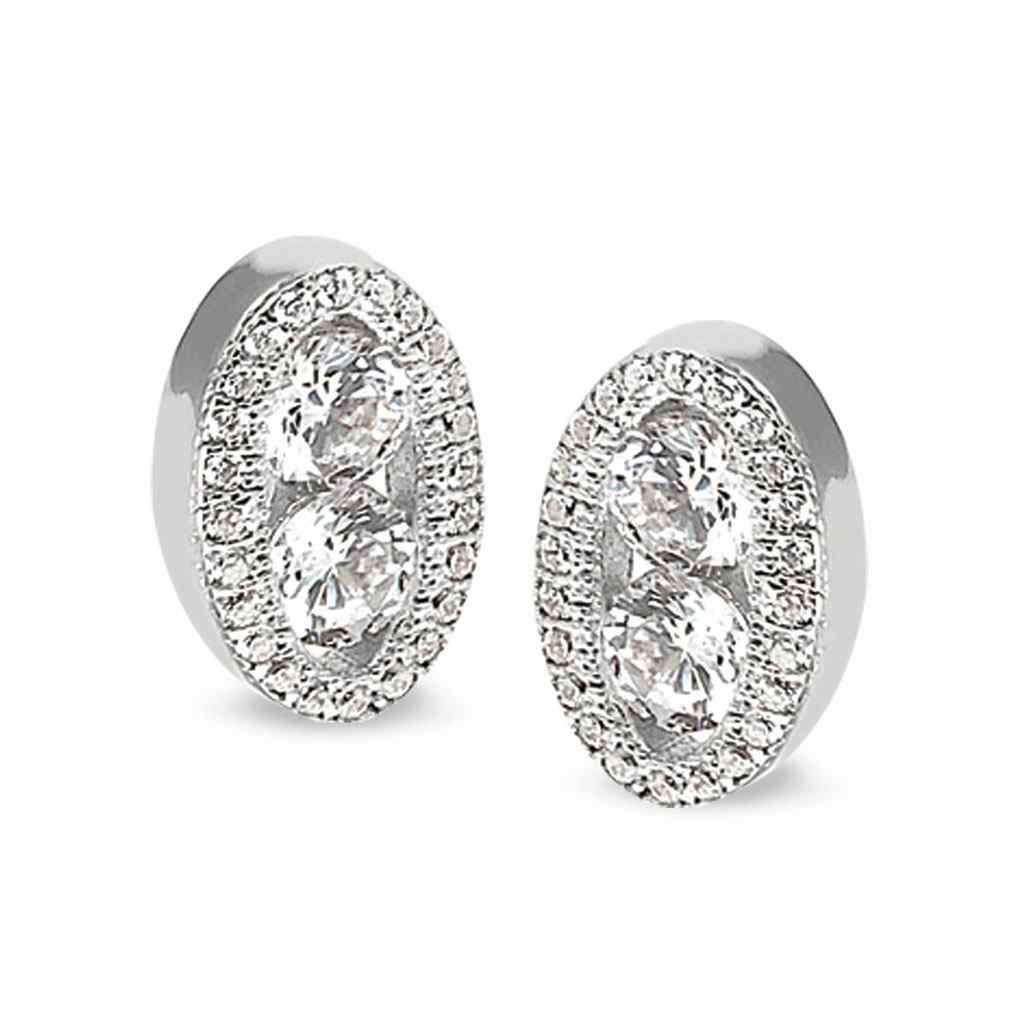 A two stone oval earrings with two 120 facet simulated diamonds displayed on a neutral white background.